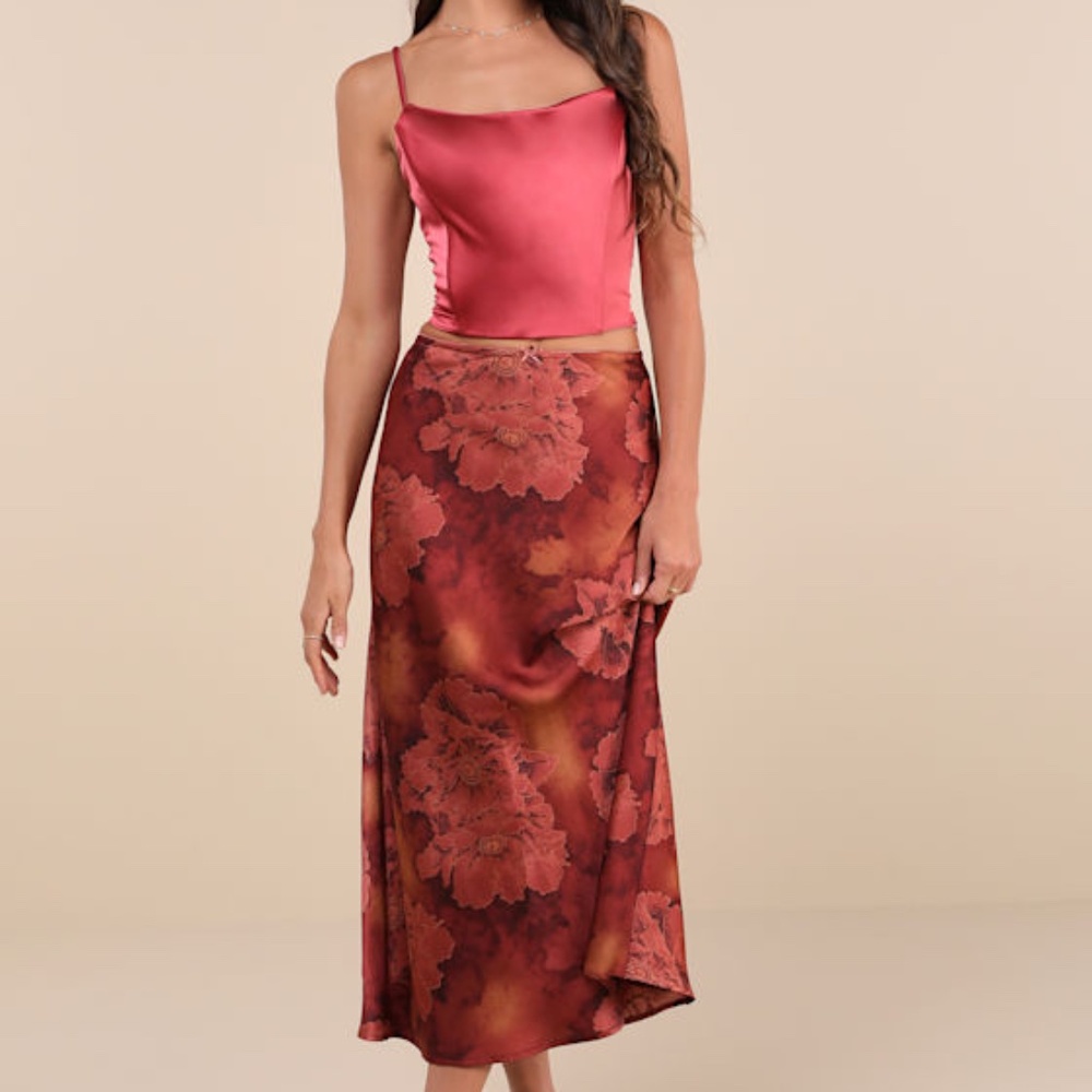 Lulus Sleek Proposition Rust Floral Satin Bow Midi Skirt Red - Size XL